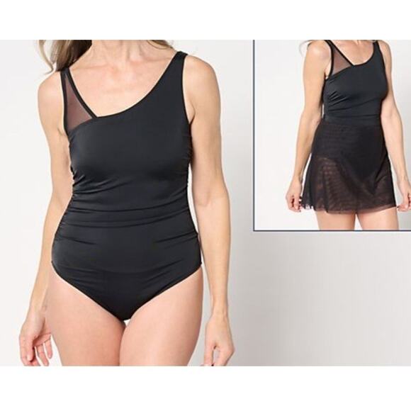 Isaac Mizrahi Size Plus 18 Black One Piece Swimsuit & Mesh Skirt A635929 NWT - Picture 1 of 13